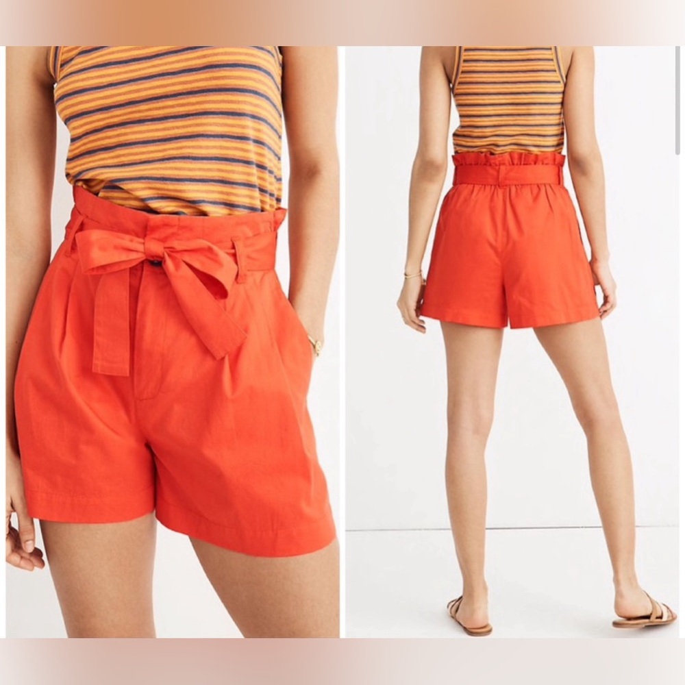 NWOT Madewell high-rise tie belt paperbag linen shorts, orange, size 12
